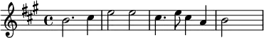 {\set Staff.midiInstrument = #"celesta" \key a \major \time 4/4 b'2. cis''4 e''2 e''2 | cis''4. e''8 cis''4 a'4 b'2 s}