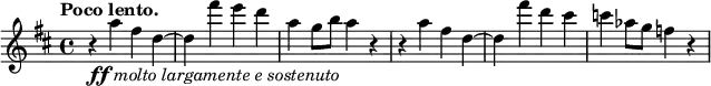 \relative c' {
\key d \major \time 4/4 \tempo "Poco lento."
\set Staff.midiInstrument = "violin"
\set Score.tempoHideNote = ##t \tempo 4 = 60
r4_\markup {\dynamic ff \italic {molto largamente e sostenuto} } a''4 fis d~ d fis' e d a g8 b a4 r
r a fis d~ d fis' d cis c aes8 g f4 r }