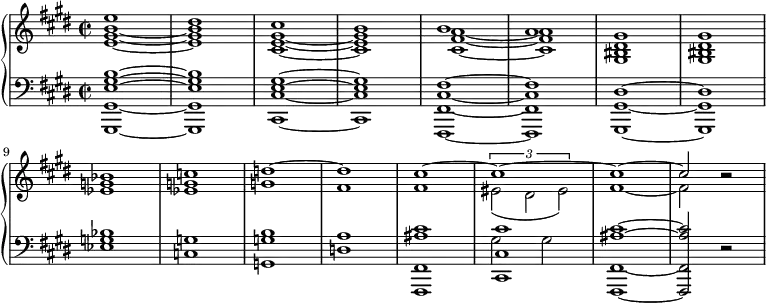 \relative c' {
\new PianoStaff <<
\new Staff <<
\new Voice {\set Staff.midiInstrument = #"brass section"
\voiceOne \clef "treble" \key e \major \stemDown \time 2/2 \set Score.tempoHideNote = ##t \tempo 2 = 55
<e gis b>1 _~ |
<e gis b>1 |
<cis e gis>1 _~ |
<cis e gis>1 |
<cis fis a>1 _~ |
<cis fis a>1 |
<gis bis dis>1 |
<gis bis dis>1 |
<es' g>1 |
<es g>1 |
g1 |
fis1 |
fis1 |
<>_(\times 2/3 {
eis2 dis2 eis2)
} |
fis1 _~ |
fis2 b2\rest |
}
\new Voice {
\voiceTwo
\clef "treble" \key e \major \stemUp \time 2/2
e1 |
dis1 |
cis1 |
b1 |
b1 |
a1 |
gis1 |
gis1 \break |
bes1 |
c1 |
d1 ^~ |
d1 |
cis1 ^~ |
cis1 ^~ |
cis1 ^~ |
cis2 s2 |
}
>>
\new Staff <<
{
\set Staff.midiInstrument = #"brass section" \key e \major \clef bass \time 2/2
<gis,,, gis' e' gis b>1 ~ |
<gis gis' e' gis b>1 |
<cis cis' e gis>1 ~ |
<cis cis' e gis>1 |
<fis, fis' cis' fis>1 ~ |
<fis fis' cis' fis>1 |
<gis gis' dis'>1 ~ |
<gis gis' dis'>1 |
<es'' g bes>1 |
<c g'>1 |
<g g' b>1 |
<d' a'>1 |
<fis,, fis' ais' cis>1 |
<cis' cis' cis'>1 |
<fis, fis' ais' cis>1 ~ |
<fis fis' ais' cis>2 r2 |
}
\new Voice {
\voiceFour
\clef "bass" \key e \major \stemDown \time 2/2
s1*8 s1*5 |
gis''2 gis2 |
s1*2 |
}
>>
>>
}