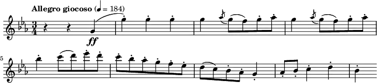 {
\tempo "Allegro giocoso" 4 = 184
\clef treble
\key c \minor
\time 3/4
r4 r g'\ff(
g'')-. g''-. g''-.
g'' \acciaccatura aes''8 g''( f'') g''-. aes''-.
g''4 \acciaccatura aes''8 g''( f'') g''-. aes''-.
\break
bes''4-. c'''8( d''') es'''-. d'''-.
c'''-. bes''-. aes''-. g''-. f''-. es''-.
d''( c'') bes'-. aes'-. g'4-.
aes'8-. bes'-. c''4-. d''-.
bes'-.
}
