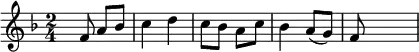 {\set Staff.midiInstrument = #"trumpet" \key f \major \time 2/4 \skip8 f'8 a'8 bes'8 c''4 d''4 c''8 bes'8 a'8 c''8 bes'4 a'8( g'8) f'8 \skip8 \skip4}
