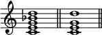 \new Staff \chordmode {
\omit Staff.TimeSignature
c1:9 \bar "||" c:3.5.9 \bar "||"
}