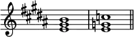 {
\override Score.TimeSignature
#'stencil = ##f
\relative c' {
\time 4/4 \key b \major
<e gis b>1 <e g c> \bar "||"
}
}