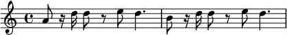 {\set Staff.midiInstrument = #"trumpet" a'8 r16 d''16 d''8 r8 e''8 d''4. b'8 r16 d''16 d''8 r8 e''8 d''4.}