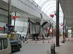 The damaged Sunlive Kengun in the pedestrian arcade in downtown Kumamoto.
