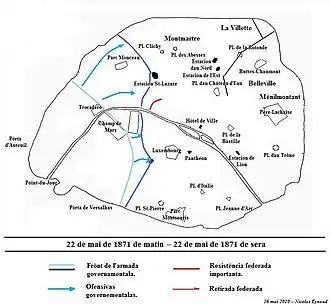 On May 22, the Versailles Army advanced east toward the center of Paris.