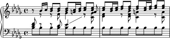 \new PianoStaff <<
\new Staff = "up" \with {
\consists "Merge_rests_engraver"
}
<<
\set Score.tempoHideNote = ##t
\tempo 8 = 80
\clef treble \key bes \minor \time 4/4
\new Voice \relative c'' {
\voiceOne
r8 bes16 c16 <bes des>8 8 8 <a c>16 <bes des>16 <c ees>8 8
8 <bes des>16 <c ees>16 <des f>8 8 8 <c ees>16 <des f>16 <ees ges>8 8
}
\new Voice \relative c' {
\voiceTwo
r8 e8\rest e8\rest f8 ges4 e8\rest \stemUp a8
}
>>
\new Staff = "down" <<
\clef bass \key bes \minor \time 4/4
\new Voice \relative c' {
\voiceThree \showStaffSwitch
<des f>8 e8\rest e8\rest des8 ees4 \change Staff = "up" \stemDown e8\rest <c ges'>8
<des f>4 e8\rest <des f bes>8 <c a'>4 e8\rest <c a'>8
}
\new Voice \relative c' {
\voiceFour
bes8 8 8 8 8 8 8 8
8 8 8 8 8 8 8 8
}
>>
>>