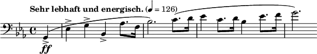 \new Staff \relative c {
\clef bass \time 4/4 \key ees \major \tempo "Sehr lebhaft und energisch." 4=126 \set Staff.midiInstrument = #"string ensemble 1"
\partial 4 g-\ff->(ees'-> g-> bes,-> aes'8. f16 bes2.) c8.(d16 ees4 c8. d16 bes4 ees8. f16 g2.)
}