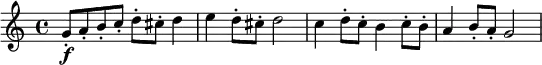 \version "2.17.24"
\language "english"
\relative c''
{g8-.\f a8-. b8-. c8-. d8-. cs8-. d4
e4 d8-. cs8-. d2
c4 d8-. c8-. b4 c8-. b8-.
a4 b8-. a8-. g2
}