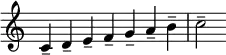 {
\override Score.TimeSignature #'stencil = ##f
\relative c' {
\clef treble \key c \major \time 7/4
c4-- d-- e-- f-- g-- a-- b-- c2--
}
}