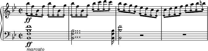 { \new PianoStaff <<
\new Staff \relative bes'' { \set Staff.midiInstrument = #"piano" \key bes \major \clef treble \time 2/2 \set Score.tempoHideNote = ##t \tempo 2 = 60
bes8 \ff :16 f8 :16 bes,8 :16 f'8 :16 bes8
:16 f8 :16 bes,8 :16 g'8 :16 | % 2
bes8 :16 f8 :16 bes,8 :16 g'8 :16 bes8 :16 c8 :16 d8 :16 c8 :16 | % 3
bes8 :16 a8 :16 g8 :16 f8 :16 es8 :16 d8 :16 c8 :16 bes8 :16 | % 4
c8 :16 d8 :16 es8 :16 f8 :16 g8 :16 a8 :16 bes8 :16 b8 :16 \!
}
\new Staff \relative bes, { \set Staff.midiInstrument = #"piano" \key bes \major \clef bass \time 2/2
<bes f' bes f'>1 \ff _\markup{ \italic {marcato} } | % 2
<bes f' bes>2... <bes f' bes>16 | % 3
<bes bes' f'>2 r2 | % 4
R1 }
>> }