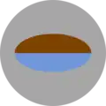 A circular organisational symbol, containing a smaller multi-toned oval shaped symbol