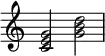 {
\override Score.TimeSignature #'stencil = ##f
\relative c' {
\clef treble \time 4/4
<c e g>2 <g' b d>
} }