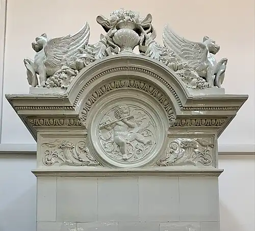 Upper part of a tiled stove in the principals' house of the Central Girls' School, Bucharest, unknown designer, 1890