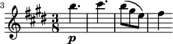 \relative c''' {
\key e \major
\time 3/8
\clef treble
\set Score.tempoHideNote = ##t
\tempo 8 = 96
\set Staff.midiInstrument = "violin"
\set Score.currentBarNumber = #3
\bar ""
b4. _\p cis b8( gis e) fis4
}