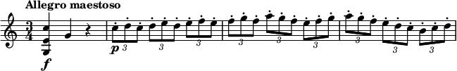 \relative c'' {
\tempo "Allegro maestoso"
\time 3/4
<c e, g,>4\f g r |
\times 2/3 { c8-.\p d-. c-. } \times 2/3 { d-. e-. d-. } \times 2/3 { e-. f-. e-. } |
\times 2/3 { f8-. g-. f-. } \times 2/3 { a-. g-. f-. } \times 2/3 { e-. f-. g-. } |
\times 2/3 { a8-. g-. f-. } \times 2/3 { e-. d-. c-. } \times 2/3 { b-. c-. d-. } |
}