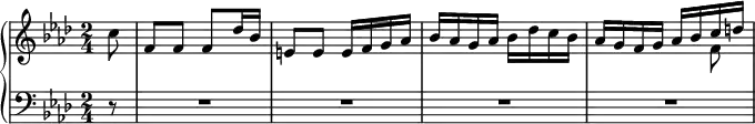 \new PianoStaff <<
\new Staff \relative c'' {
\set Score.tempoHideNote = ##t
\tempo 4 = 88
\key f \minor \time 2/4
\partial 8 c8 |
f,8 f f des'16 bes |
e,8 e e16 f g as |
bes16 as g as bes des c bes |
as16 g f g << { as16 bes c d } \\ { s8 f, } >> |
}
\new Staff {
\key f \minor \clef bass
r8 | R1*2/4*4 |
}
>>