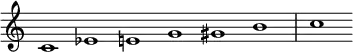 {
\override Score.TimeSignature #'stencil = ##f
\set Score.tempoHideNote = ##t
\tempo 1 = 120
\relative c' {
\cadenzaOn
c1 ees e g gis b \bar "|" c
} }