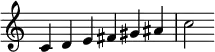 {
\override Score.TimeSignature #'stencil = ##f
\relative c' {
\clef treble
\time 6/4 c4 d e fis gis ais c2
} }