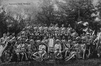 Band of the 3rd Battalion of The Royal Fusiliers in Bermuda, circa 1903, in lightweight khaki uniforms with Brodrick caps