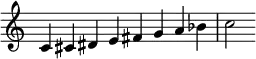{
\override Score.TimeSignature #'stencil = ##f
\relative c' {
\clef treble \key c \major \time 8/4
c4 cis dis e fis g a bes c2
} }
