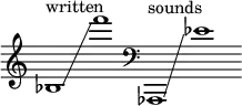 {
\new Staff \with { \remove "Time_signature_engraver" }
\clef treble \key c \major ^ \markup "written" \cadenzaOn
bes1 \glissando f'''1
\clef bass ^ \markup "sounds" aes,,1 \glissando ees'1
}