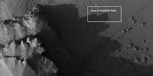 Very close view of individual blocks breaking off layer in a butte, as seen by HiRISE under HiWish program. Blocks have angular shapes. Box shows size of football field.