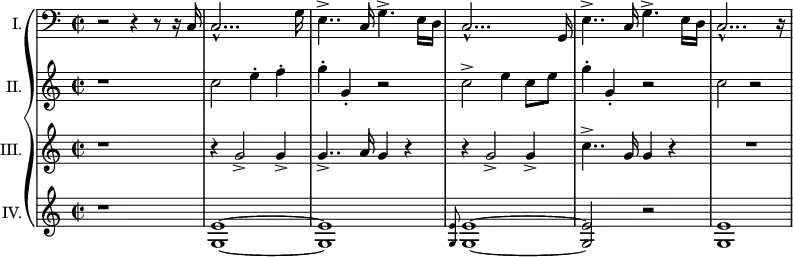 \relative c {
\new PianoStaff <<
\new Staff {
\set Staff.instrumentName = "I." \set Staff.midiInstrument = #"piano" \key c \major \clef bass \time 2/2 \set Score.tempoHideNote = ##t \tempo 2 = 60
r2 r4 r8 r16 c16 |
c2... -^ g'16 |
e4.. -> c16 g'4. -> e16 d16 |
c2... -^ g16 |
e'4.. -> c16 g'4. -> e16 d16 |
c2... -^ r16 |
}
\new Staff {
\set Staff.instrumentName = "II." \set Staff.midiInstrument = #"piano" \key c \major \clef treble \time 2/2
r1 |
c''2 e4 -. f4 -. |
g4 -. g,4 -. r2 |
c2 -> e4 c8 e8 |
g4 -. g,4 -. r2 |
c2 r2 |
}
\new Staff {
\set Staff.instrumentName = "III." \set Staff.midiInstrument = #"piano" \key c \major \clef treble \time 2/2
r1 |
r4 g2 -> g4 -> |
g4.. -> a16 g4 r4 |
r4 g2 -> g4 -> |
c4.. -> g16 g4 r4 |
R1 |
}
\new Staff {
\set Staff.instrumentName = "IV." \set Staff.midiInstrument = #"piano" \key c \major \clef treble \time 2/2
r1 |
<g, e'>1 ~ |
<g e'>1 |
\grace { <g e'>8 } <g e'>1 ~ |
<g e'>2 r2 |
<g e'>1 |
}
>>
}