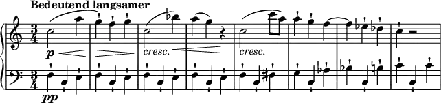 \relative c'' {
\new PianoStaff <<
\new Staff {
\set Staff.midiInstrument = #"piano" \key c \major \clef treble \time 3/4 \set Score.tempoHideNote = ##t \tempo "Bedeutend langsamer" 4 = 140
c2 \p \< ( a'4 |
g4 \! \> ) -! f4 -! g4 -! |
c,2 \! _\markup { \italic {cresc.} } ( bes'4 \< ) |
a4 ( g4 ) r4 \! |
c,2 _\markup { \italic {cresc.} } ( c'8 a8 ) |
a4 -! g4 -! f4 ~ |
f4 es4 -! des4 -! |
c4 -! r2 |
}
\new Staff {
\set Staff.midiInstrument = #"piano" \key c \major \clef bass \time 3/4
f,,4 \pp -! c4 -! e4 -! |
f4 -! c4 -! e4 -! |
f4 -! c4 -! e4 -! |
f4 -! c4 -! e4 -! |
f4 -! c4 -! fis4 -! |
g4 -! c,4 -! as'4 -! |
bes4 -! c,4 -! b'4 -! |
c4 -! c,4 -! c'4 -! |
}
>>
}