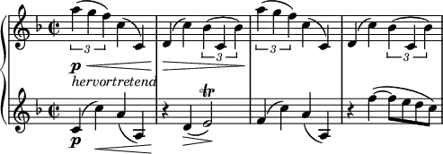 \relative c''' {
\new PianoStaff <<
\new Staff {
\set Staff.midiInstrument = #"piano" \key f \major \clef treble \time 2/2 \set Score.tempoHideNote = ##t \tempo 2 = 60
\times 2/3 {
a4 \p _\markup { \italic { hervortretend } } \< ( g4 f4 )
}
c4 ( c,4 ) |
d4 \! \> ( c'4 ) \times 2/3 {
bes4 ( c,4 bes'4 )
} |
\times 2/3 {
a'4 \! ( g4 f4 )
}
c4 ( c,4 ) |
d4 ( c'4 ) \times 2/3 {
bes4 ( c,4 bes'4 )
} |
}
\new Staff {
\set Staff.midiInstrument = #"piano" \key f \major \clef treble \time 2/2
c,4 \p ( c'4 \< ) a4 ( a,4 ) |
r4 \! d4 \> ( e2 \! ) \trill |
f4 ( c'4 ) a4 ( a,4 ) |
r4 f''4 ~ ( f8 e8 d8 c8 ) |
}
>>
}