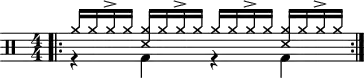 \version "2.22.0"
\header { tagline = ##f}
\score {
\drums \with {midiInstrument = "drums"}
\with { \numericTimeSignature }
{
\repeat volta 2 {
<<
{
\time 4/4
cymra16 cymra cymra-> cymra <cymra ss> cymra cymra-> cymra cymra cymra cymra-> cymra <cymra ss> cymra cymra-> cymra
}\\{r4 bd r4 bd}
\bar ":|.S.|:-S"
>>\break
}
}
\layout {}
}
\score {
\unfoldRepeats {
\drums \with {midiInstrument = "drums"}{
\repeat volta 2 {
<<
{
\time 4/4
cymra16 cymra cymra-> cymra <cymra ss> cymra cymra-> cymra cymra cymra cymra-> cymra <cymra ss> cymra cymra-> cymra
}\\{r4 bd r4 bd}
\bar ":|.S.|:-S"
>>\break
}
}
}
\midi { \tempo 4 = 80 }
}