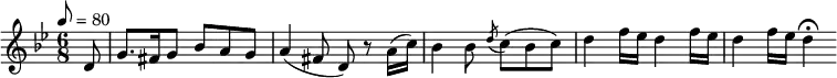 \relative c' { \set Staff.midiInstrument = #"clarinet"
\time 6/8
\tempo 8 = 80
\key g \minor
\partial 8 d8 g8. fis16 g8 bes a g a4( fis8 d) r8 a'16( c) bes4 bes8 \acciaccatura d8 c( bes c) d4 f16 es d4 f16 es d4 f16 es d4\fermata
}
\layout {
\context {
\Staff
\consists "Horizontal_bracket_engraver"
}
}