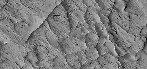 Close view of ridge network, as seen by HiRISE under HiWish program. Box shows size of football field.