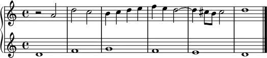 \relative c' {
\new PianoStaff <<
\new Staff {
r2 a' d c b4 c d e f e d2~ d4 cis8 b cis2 d1 \bar "|."
}
\new Staff {
d, f g f e d \bar "|."
}
>>
}
