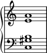 {
\override Score.TimeSignature #'stencil = ##f
\relative c' { \new PianoStaff <<
\new Staff { \clef treble \time 4/4 <e a>1 }
\new Staff { \clef bass \time 4/4 <c, gis' b>1 }
>> } }
