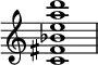 {
\override Score.TimeSignature #'stencil = ##f
\relative c' {
\clef treble \time 4/4 <c fis bes e a d>1
} }