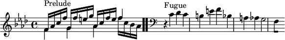 
\version "2.18.2"
\header {
  tagline = ##f
}

\score {
  \new Staff \with {
%fontSize = #-2
  }
<<
  \relative c' {
    \key f \minor
    \time 4/4

     %% INCIPIT CBT I-12, BWV 857, fa mineur
     << { s4*0^\markup{Prelude} f16 aes c f g, f' e g aes, c f e f4 } \\ { f,4 g aes f'16 c bes aes } >> \bar ".."

     \skip 8*1
     \override Staff.Clef.extra-offset = #'( -1 . 0 )
      \clef bass
     \relative c' { r4^\markup{Fugue} c4 des c b e f bes, a aes g2
{ 
 % suppression des warnings :
 #(ly:set-option 'warning-as-error #f)
 #(ly:expect-warning (_ "stem does not fit in beam")) %% <= à traduire éventuellement
 #(ly:expect-warning (_ "beam was started here")) %% <= à traduire éventuellement
  \set stemRightBeamCount = #1
  f4*1/2[ s]
}
    }
  }
>>
  \layout {
     \context { \Score \remove "Metronome_mark_engraver"
     \override SpacingSpanner.common-shortest-duration = #(ly:make-moment 1/2)
   }
  }
  \midi {}
}
