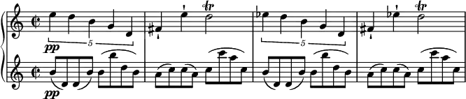 { \new PianoStaff <<
\new Staff \relative e'' { \set Staff.midiInstrument = #"piano" \key c \major \clef treble \time 2/2 \set Score.tempoHideNote = ##t \tempo 2 = 43
\times 4/5 {
e4\pp d4 b4 g4 d4
}
| % 2
fis4 -! e'4 -! d2 \trill | % 3
\times 4/5 {
es4 d4 b4 g4 d4
}
| % 4
fis4 -! es'4 -! d2 \trill
}
\new Staff \relative b' { \set Staff.midiInstrument = #"piano" \key c \major \clef treble \time 2/2
b8\pp ( d,8 ) d8 ( b'8 ) b8 (
b'8 d,8 b8 ) | % 2
a8 ( c8 ) c8 ( a8 ) c8 ( c'8 a8 c,8 ) | % 3
b8 ( d,8 ) d8 ( b'8 ) b8 ( b'8 d,8 b8 ) | % 4
a8 ( c8 ) c8 ( a8 ) c8 ( c'8 a8 c,8 ) }
>> }