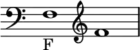{ \new Staff \with{ \magnifyStaff #3/2 } << \time 2/1 \override Score.TimeSignature #'stencil = ##f { \clef bass f1_F \clef treble f' } >> }