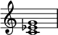 {
\override Score.TimeSignature #'stencil = ##f
\relative c' {
\clef treble \time 4/4
<c es g>1
} }