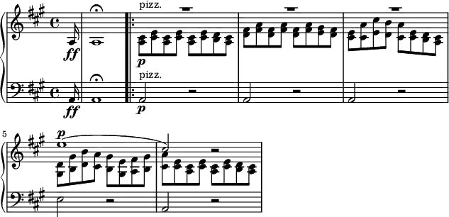 \layout { ragged-right = ##t }
\new PianoStaff { <<
\new Staff \relative a {
\key a \major \time 4/4 \clef "treble"
\partial 16 a16 \ff | a1 \fermata \bar ".|:"
<< \new Voice \relative e'' {
\stemUp \slurUp \override MultiMeasureRest.staff-position = #4
R |R | R | e1( ^\p | cis2) r }
\new Voice \relative a {
\stemDown <cis a>8 \p ^"pizz." <e cis> <cis a> <e cis> <cis a> <e cis> <d b> <cis a>
<fis d>8 <a fis> <fis d> <a fis> <fis d> <a fis> <gis e> <fis d>
<e cis>8 <a cis,> <cis e,> <b d,> <a cis,> <e cis> <d b> <cis a>
<d gis,>8 <gis b,> <b d,> <a cis,> <gis b,> <e gis,> <fis a,> <gis b,>
<a cis,>8 <e cis> <cis a> <e cis> <cis a> <e cis> <d b> <cis a> } >> }
\new Staff \relative a, {
\key a \major \time 4/4 \clef "bass"
\partial 16 a16 \ff | a1 \fermata \bar ".|:"
a2 \p ^"pizz." r | a2 r| a2 r | e'2 r | a,2 r }
>> }