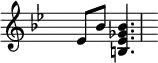 \relative
{ \set Score.tempoHideNote = ##t \tempo 4 = 80 \set Staff.midiInstrument = #"vibraphone"
\key bes \major
\time 2/4 \hide Staff.TimeSignature
es'8 bes'8 <b, ees ges bes>4.
}