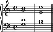 \new PianoStaff <<
\new Staff <<
\new Voice \relative c'' {
\stemUp \clef treble \key c \major \time 4/4
b1 c
}
\new Voice \relative c'' {
\stemDown
g1 e
}
>>
\new Staff <<
\new Voice \relative c' {
\stemUp \clef bass \key c \major \time 4/4
d1 c
}
\new Voice \relative c' {
\stemDown
g1 a \bar "||"
}
>>
>>