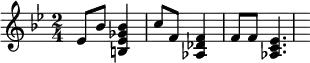 \relative
{ \set Score.tempoHideNote = ##t \tempo 4 = 110 \set Staff.midiInstrument = #"vibraphone"
\key bes \major
\time 2/4
es'8 bes'8 <b, ees ges bes>4 c'8 f,8 <aes, des f>4 f'8 f8 <aes, c es>4.
}