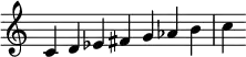 {
\override Score.TimeSignature #'stencil = ##f
\relative c' {
\clef treble \key c \major \time 7/4
c d ees fis g aes b c
} }