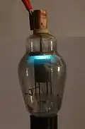 Westinghouse 866A mercury vapor half-wave rectifier tube. Glowing with 5mA