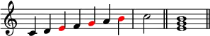 {
\override Score.TimeSignature #'stencil = ##f
\relative c' {
\clef treble
\time 7/4 c4 d \once \override NoteHead.color = #red e f \once \override NoteHead.color = #red g a \once \override NoteHead.color = #red b \time 2/4 c2 \bar "||"
\time 4/4 <e, g b>1 \bar "||"
} }