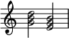 {
\override Score.TimeSignature #'stencil = ##f
\relative c'' {
\clef treble \time 4/4
<g b d>2 <e g b>
} }