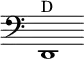 { \override Staff.TimeSignature #'stencil = ##f \time 2/1 \clef bass d,1^D }