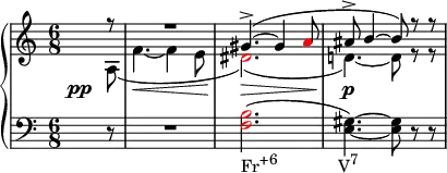 {
\new PianoStaff <<
\new Staff <<
\new Voice \relative c'' {
\clef treble \key a \minor \time 6/8
\voiceOne \partial8 r8 R2. gis4.->(~ gis4 \once \override NoteHead.color = #red a8 ais8-> b4~ b8) r r
}
\new Voice \relative c' {
\override DynamicLineSpanner.staff-padding = #4.5
\once \override DynamicText.X-offset = #-5
\voiceTwo \partial8 a\pp( f'4.~\< f4 e8 \once \override NoteHead.color = #red dis2.)(\> d!4.)~\p d8 r r
}
>>
\new Staff <<
\relative c {
\clef bass \key a \minor \time 6/8
\partial8 r8 R2. \once \override NoteHead.color = #red <f b>2.(_\markup { \concat { "Fr" \raise #1 \small "+6" \hspace #8 "V" \raise #1 \small "7" } } <e gis>4.)~ <e gis>8 r r
}
>>
>> }